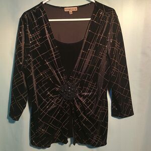 Black Metallic Grid Print Wrap Top with Jeweled Brooch – Women’s 3/4 Sleeve
